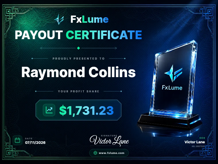FxLume payout certificate for Raymond Collins — $1,731.23
