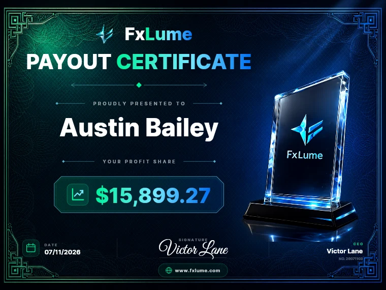 FxLume payout certificate for Austin Bailey — $15,899.27