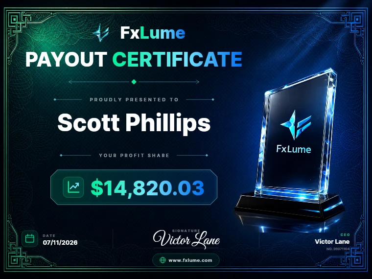 FxLume payout certificate for Scott Phillips — $14,820.03