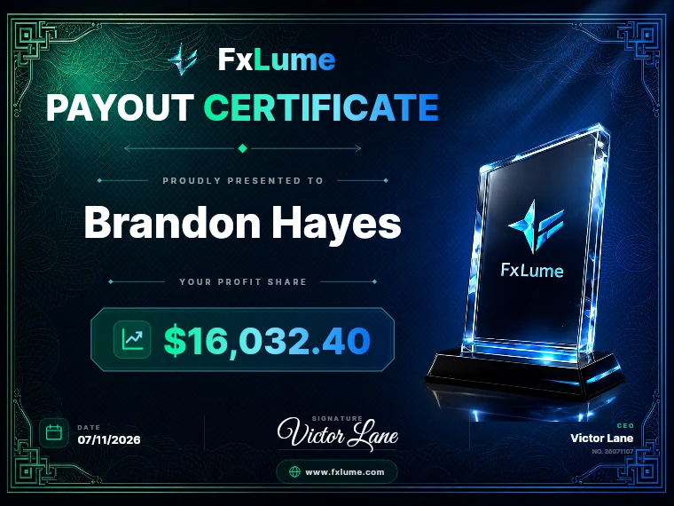 FxLume payout certificate for Brandon Hayes — $16,032.40