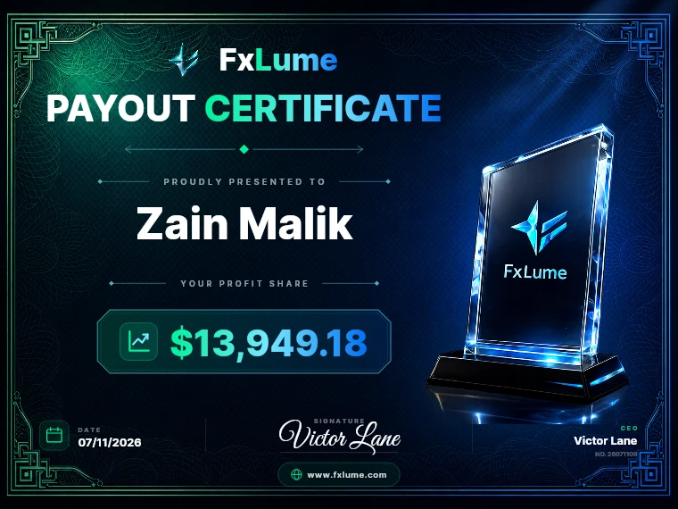 FxLume payout certificate for Zain Malik — $13,949.18