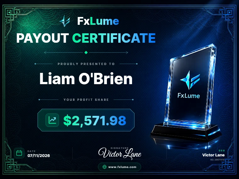 FxLume payout certificate for Liam O'Brien — $2,571.98