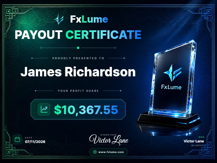FxLume payout certificate for James Richardson — $10,367.55