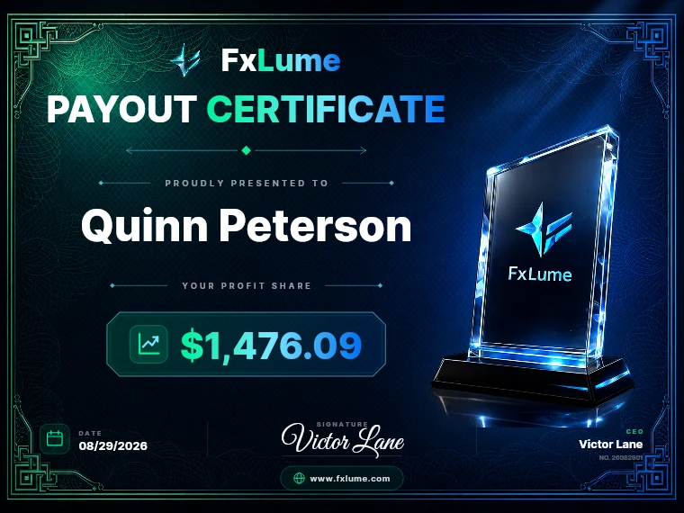 FxLume payout certificate for Quinn Peterson — $1,476.09