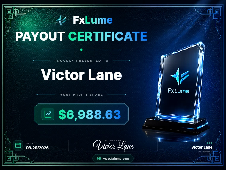 FxLume payout certificate for Victor Lane — $6,988.63