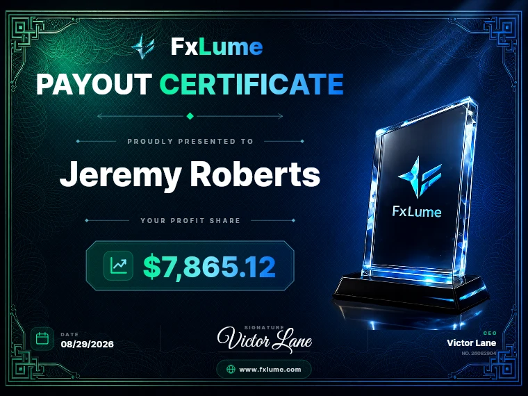 FxLume payout certificate for Jeremy Roberts — $7,865.12