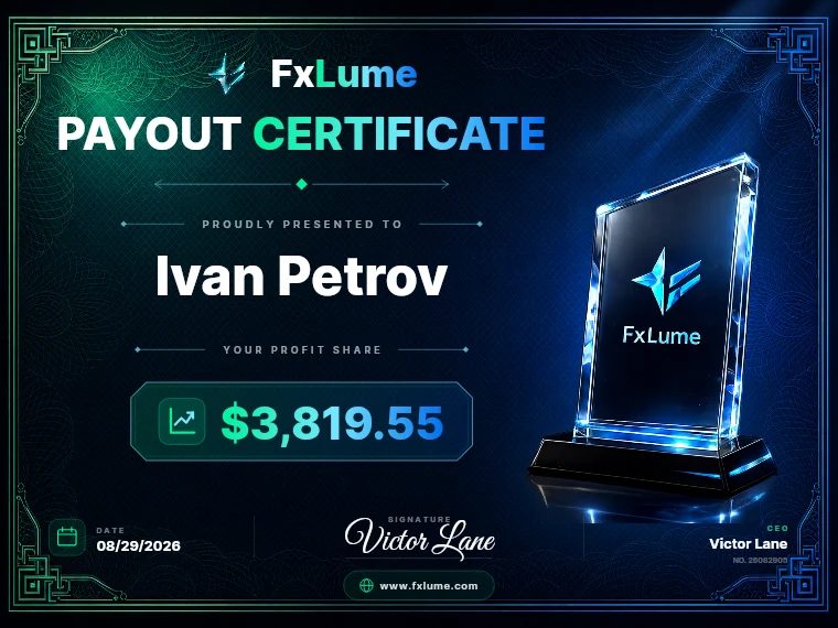 FxLume payout certificate for Ivan Petrov — $3,819.55