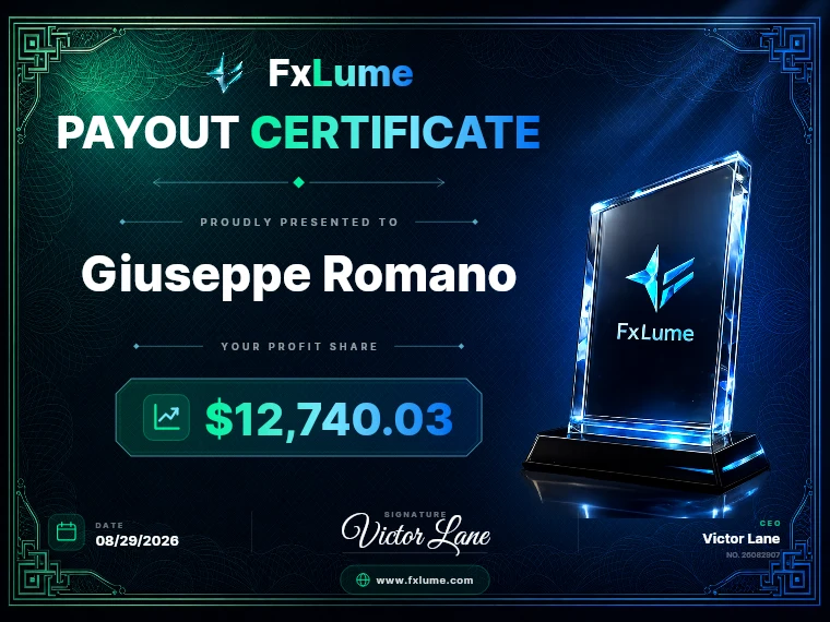 FxLume payout certificate for Giuseppe Romano — $12,740.03