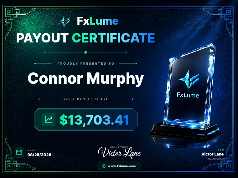 FxLume payout certificate for Connor Murphy — $13,703.41