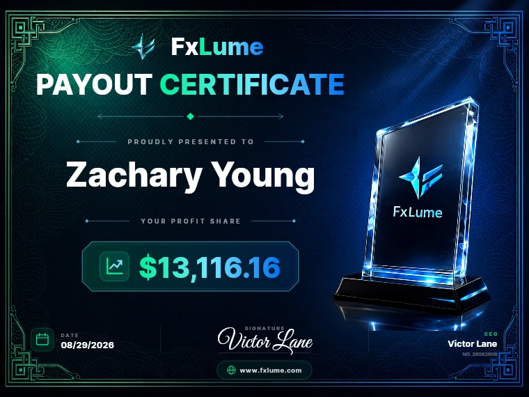 FxLume payout certificate for Zachary Young — $13,116.16