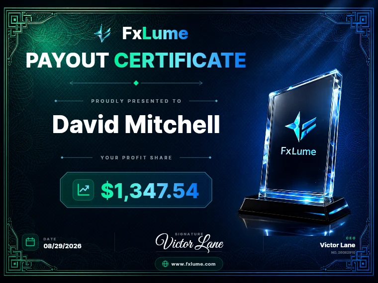 FxLume payout certificate for David Mitchell — $1,347.54