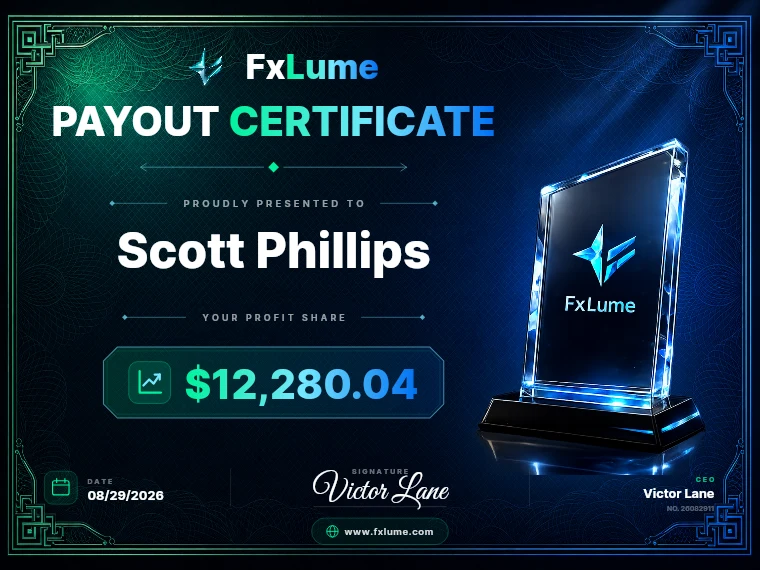 FxLume payout certificate for Scott Phillips — $12,280.04