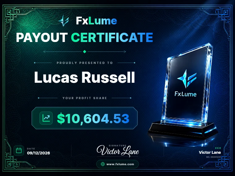FxLume payout certificate for Lucas Russell — $10,604.53