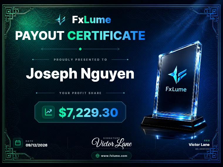 FxLume payout certificate for Joseph Nguyen — $7,229.30