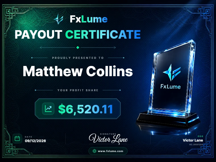 FxLume payout certificate for Matthew Collins — $6,520.11