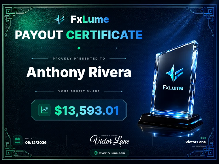 FxLume payout certificate for Anthony Rivera — $13,593.01