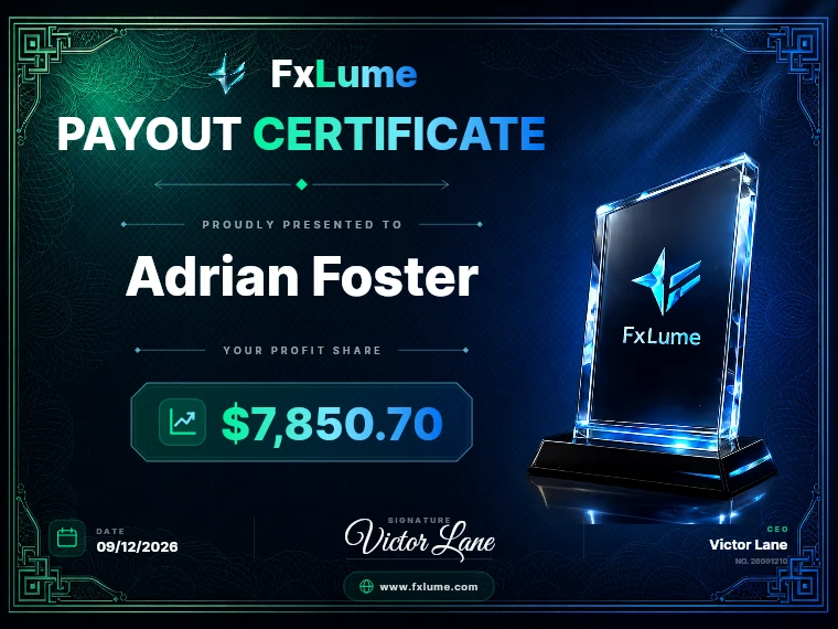 FxLume payout certificate for Adrian Foster — $7,850.70